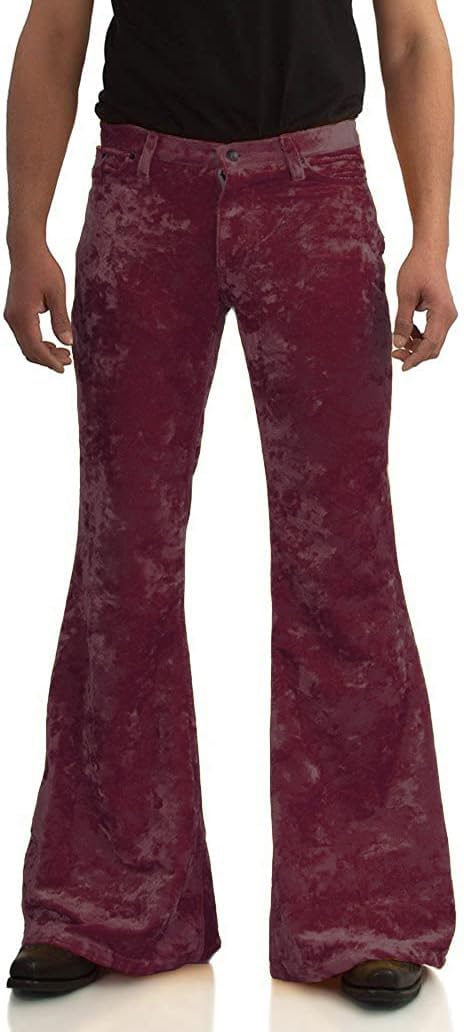 Men's Velvet Relaxed Vintage 60s 70s Bell Bottom Stretch Fit Classic Comfort Flared Flares Retro Leg Disco Pants