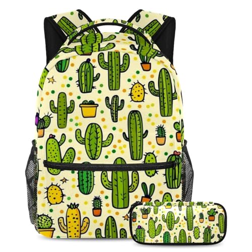 Sac à dos motif cactus 2 pièces avec trousse pour collégiens et lycéens grande capacité