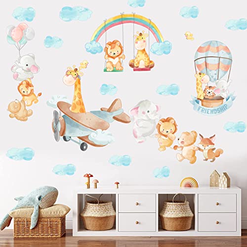 Cartoon Animals Wall Stickers Hot Air Balloons Animals Wall Decals For Baby Boy Girl Room Decor Decals Peel And Stick Airplanes Kids Wall Stickers Elephant Jungle Animal Wall Decals For Nursery Decor #TOP20