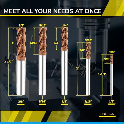 Image of SPEED TIGER Carbide Square End Mill - ISE 4 Flute (5 Piece Set: 1 /8 inch, 1 /4 inch, 3 /16 inch, 5 /16 inch, 3 /8 inch) - for Alloy or Hardened Steel, Metal & More - TiSiN Coated - Mill Bits Sets for DIYers & Professionals
