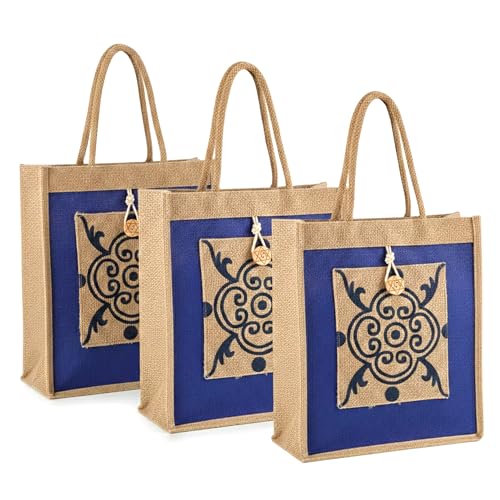 Image of Kuber Industries 3 Pcs Jute Medium Shopping Bag for Women with Handle | Reusable Carry /Shopping Bag for Grocery | Flower Design - Brown & Blue