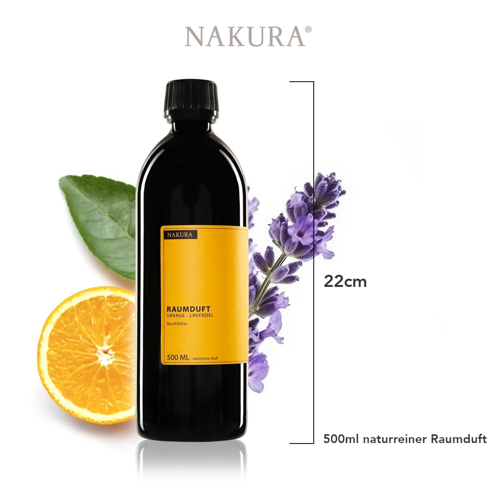 NAKURA® Bio Refill ORANGE – LAVENDEL 500 ml – Nachfüllflasche für Reed Diffuser & Raumspray – Violettglas – inkl. 15 Diffuserstäbchen – 100% naturreine ätherische Öle, ohne synthetische Duftstoffe