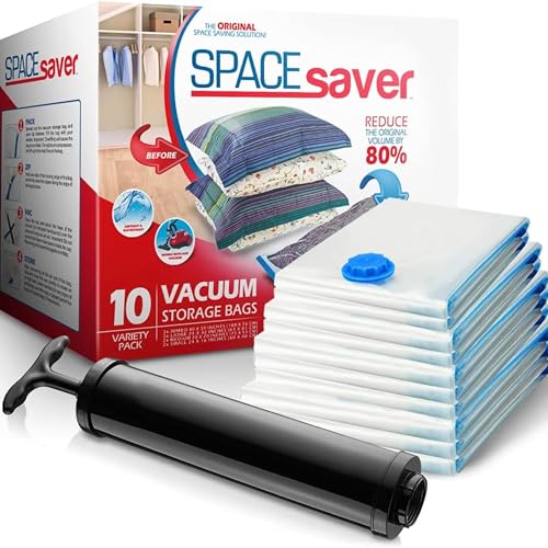 Spacesaver SpaceSaver Vacuum Storage Bags - 10-Pack (Small: 16x24, Medium: 20x28, Large: 24x32, Jumbo: 30x40) - Airtight, Puncture-Resistant, Reusable - Includes Hand Pump