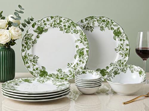 Image of Bodhi House Porcelain Dinner Set 14 Pieces - Green Leaf | White Dinnerware Set 6 Dinner Plates, 6 Katori Bowls, 2 Serving Bowls | Premium Crockery Set for Dining, Kitchen & Gifting