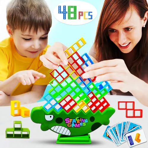 JUNQIU 48 PCS Tetra Tower Game for Adult & Kids, Stack Attack Game for Family Board Games,Team Building, Party- 2+Players Tetris Stacking Game, 3D Shape Balance Game