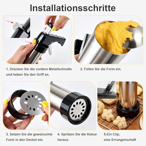 Miniatura 4 de Yiyico Churreras Para Churros Prensa De Galletas Biscuit Maker Maquina Para Hacer Churros Pistola De Repostería De Acero Inoxidable Maquina De Galletas Churrera Manual Con 13 Plantillas Y 8 Boquillas