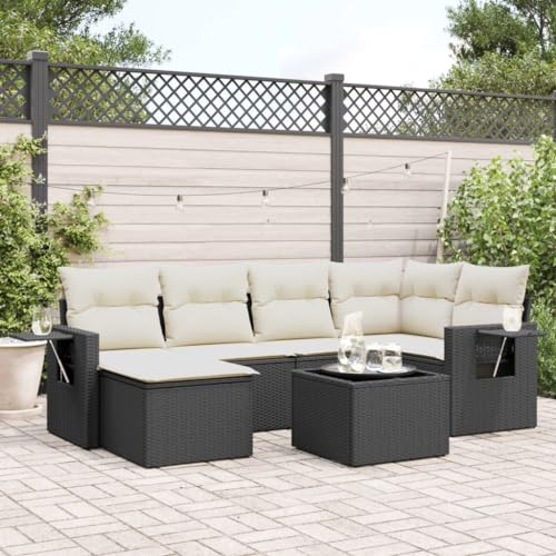 QJBSAVVA 7-teiliges Gartenmöbel Set Schwarz Poly Rattan 62x62x69 cm...