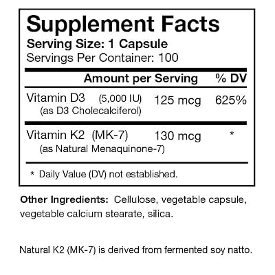 Vitamin D3 5000i Plus 130 mcg Natural K2 (MK-7) - Immune Regulation & Support Supplement - Supports Healthy Immune Function, Bone & Teeth Mineralization, Heart Health -100 Capsules