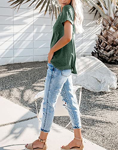 Bingerlily Women's Roll Up Short Sleeve T Shirts Summer Crew Neck Tops Loose Causal Tees With Pocket Green #TOP1