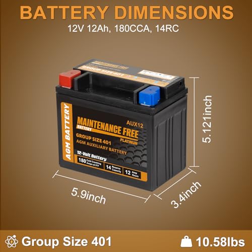 Image of AUX12 Auxiliary Battery, BCI Group 401 AGM Battery, 180CCA, 14RC,12V 12Ah Maintenance Free 36 Months Warranty