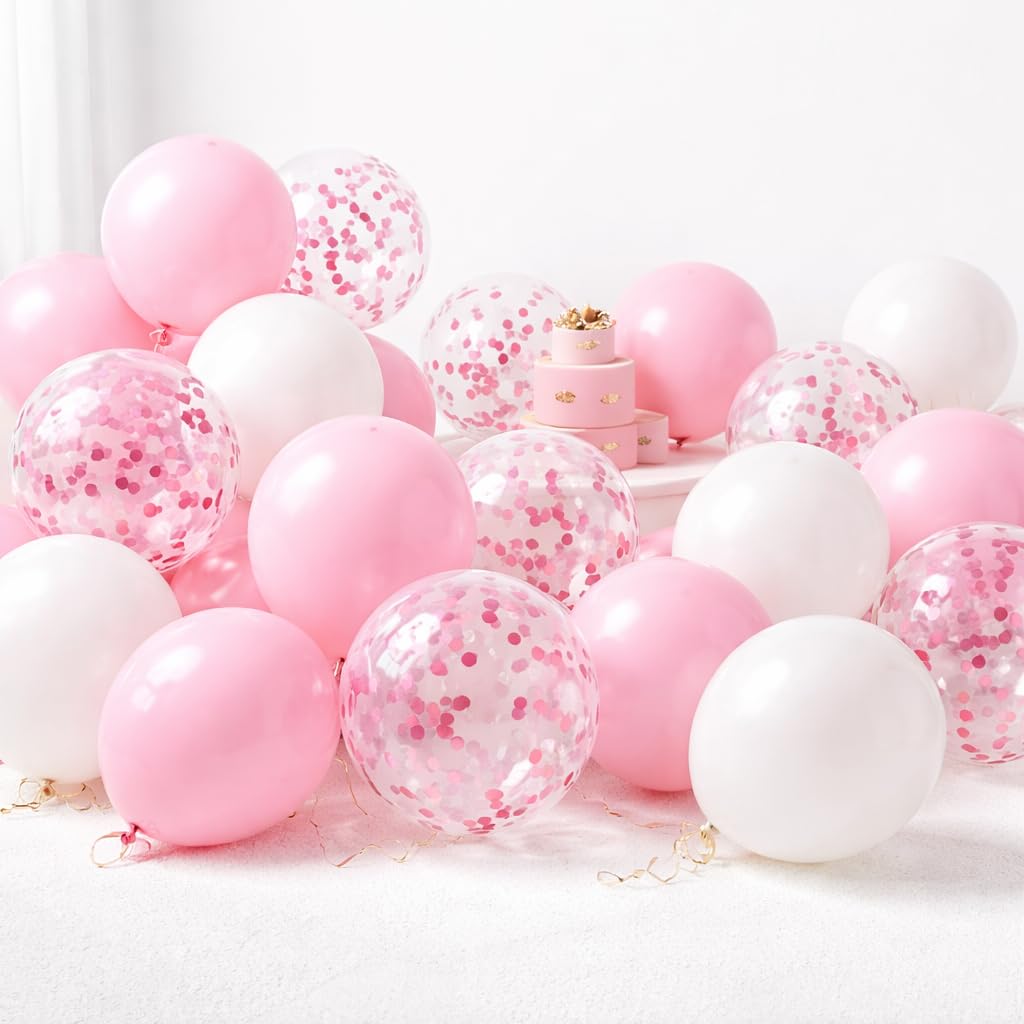 50Pcs Pink White Balloons Pastel White Balloons with Pink Confetti Balloon For Party Decorations for Princess Birthday Decoration Gender Reveal Wedding Bride Shower