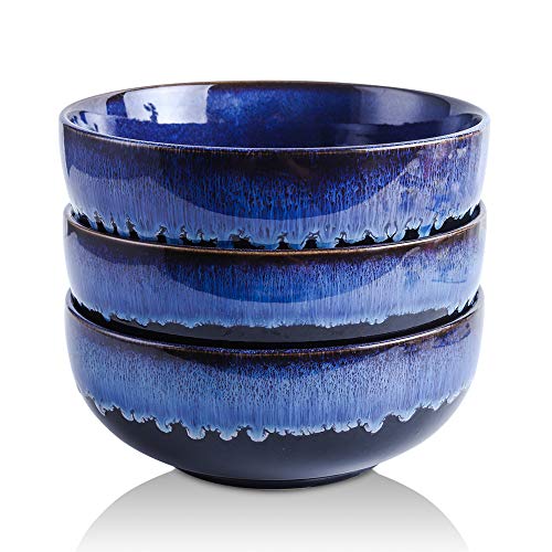Koov 58 Oz Salad Bowls, Ceramic Bowl Set, Stackable Soup Bowls, Large Bowls, Reactive Glaze Set Of 3 (Nebule Aegean) #TOP21