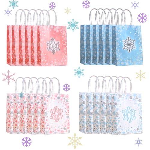 CZWXOXO 24 Pieces Snowflake Party Favors Bags Bulk with Handles Winter Frozen Reusable Paper Gift Bags Winter Treat Goodie Candy Bags for Snowflake Christmas Birthday Holiday Party Supplies