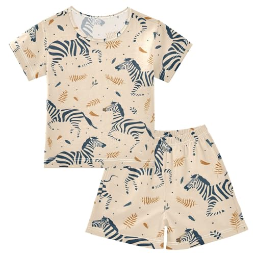 ALAZA Zebra Palm Leaf Pajamas Short Sleeve 2 Piece Sleepwear Top and Bottom Pajama Set Unisex