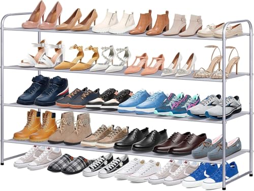 KIMBORA Long Shoe Rack for Closet, 30 Pairs Stackable Shoe Storage Organizer Wide 4 Tier Shoe Shelf for Bedroom Floor (Grey)