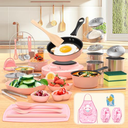 Gotoofun Kid Cooking Sets Real Mini Kitchen Food Making for Beginner Children 8 9 10 11 12 Boys Girls Cooking Educational Toys Junior Easy Safe Montessori Tools Dishes Knife Set-Pink