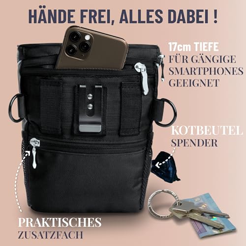 GIZZY® DAS ORIGINAL | Leckerlitasche für Hunde + REGENHAUBE | Leckerlibeutel für Hunde mit praktischer Einhand-Öffnung | Hunde Leckerlitasche für Training & Welpenerziehung | Gassi Tasche Hund [Schw.]