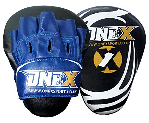 ONEX Focus Pads, Hook & Jab muffole, Boxe per addestramento, Resistente Pelle Sintetica Curvo Gancio a mantide e Cuscinetti per Colpi rapidi (Blue/Black)