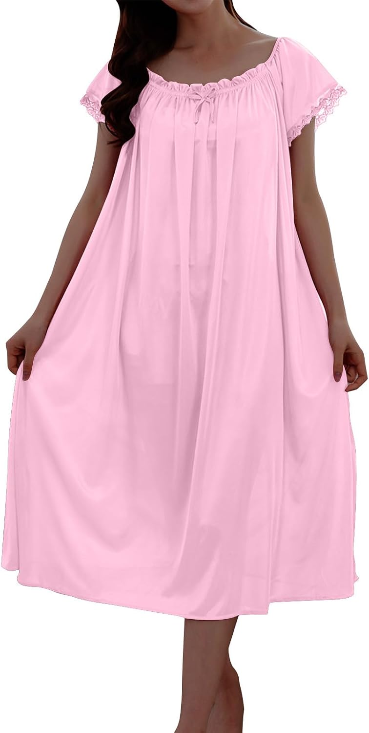 Women Lace Trim Sleep Dress Short Sleeve Loose Nightgown Oversized Pleated Sleepwear Soft Comfort Pajamas Night Gown