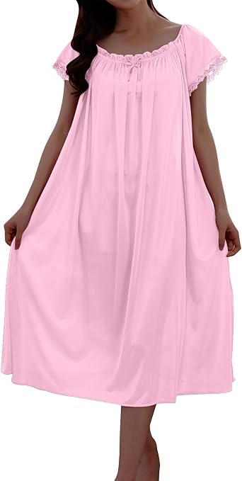 Womens Vintage Silky Nightgown Victorian Style Nightshirt Loose Flowy Pleated Lounge Dress Pajama Shirt Sleepwear