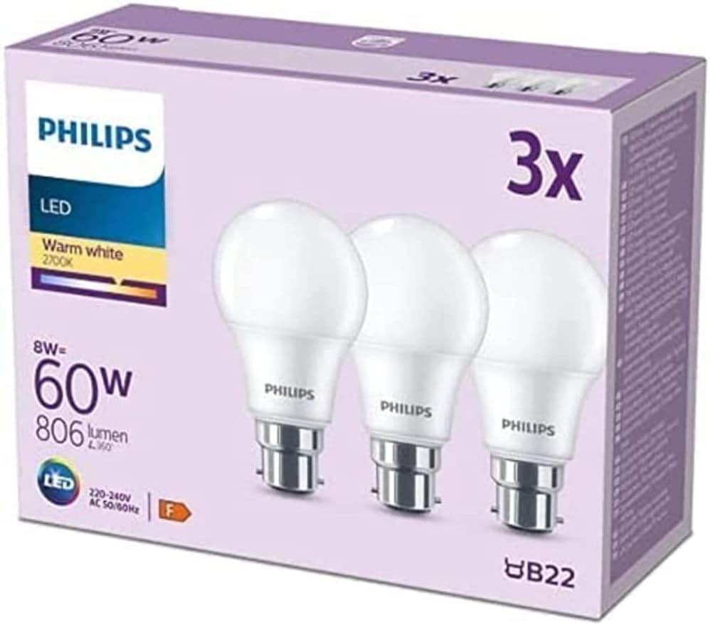 Philips LED Frosted A60 Light Bulb 3 Pack (Warm White 2700K - B22 Bayonet Cap) 60W, Non Dimmable for Home Indoor Lighting