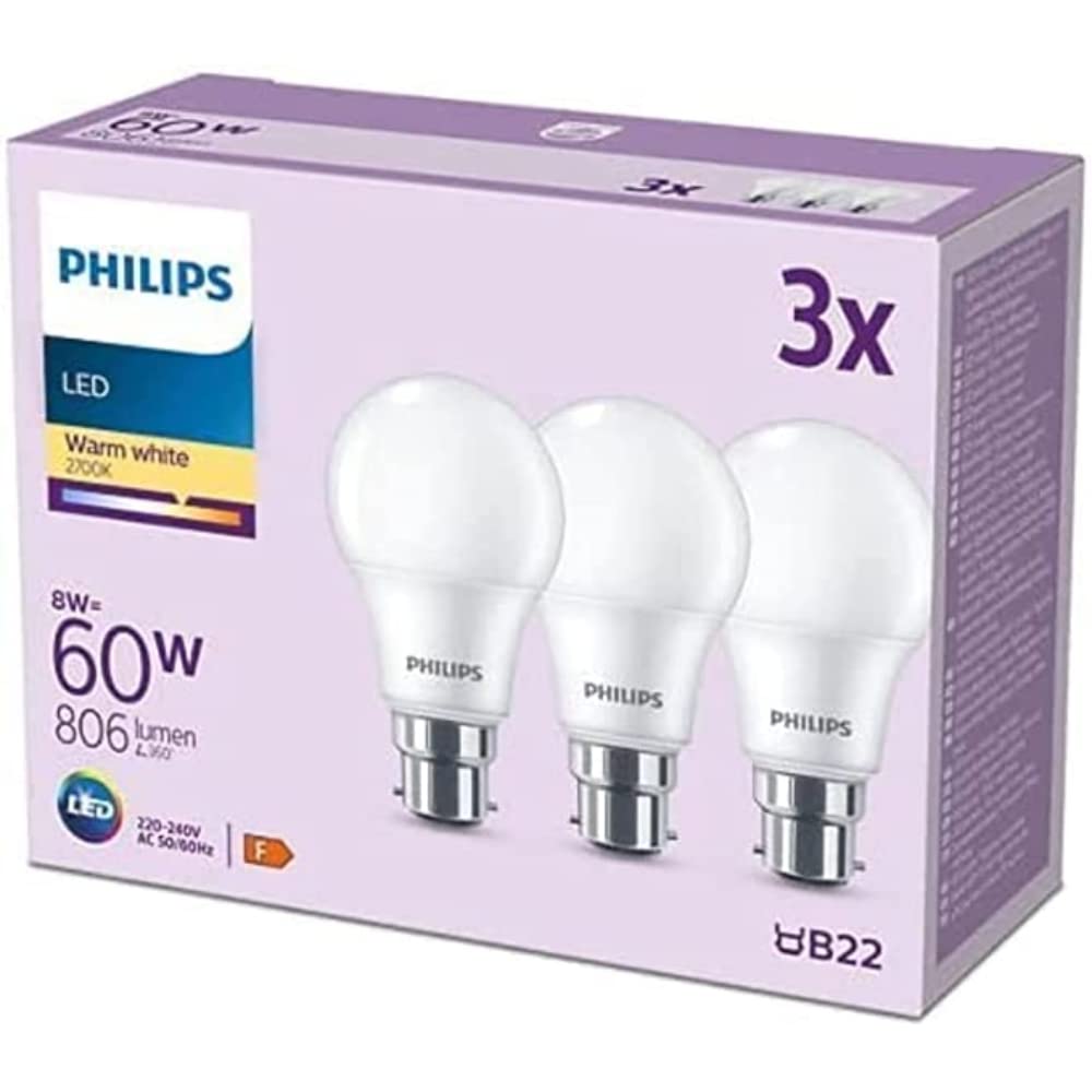Philips LED Frosted A60 Light Bulb 3 Pack (Warm White 2700K - B22 Bayonet Cap) 60W, Non Dimmable for Home Indoor Lighting, Value Range