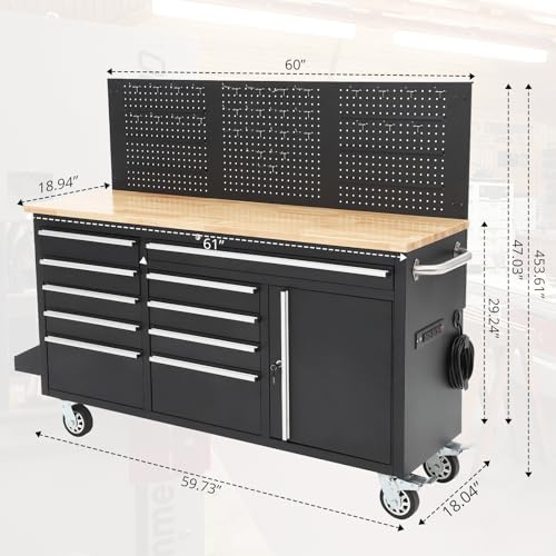 Image of 61 Inch Workshop Workbench with Locking Storage, Durable Steel Cabinet and 10-Drawer Organizer Under Solid Rubber Wood Top, Garage Work Station for Tools & DIY Projects