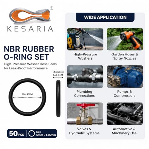 Image of Kesaria NBR Rubber O-Ring Set, Black, 5mm x 1.75mm, High-Pressure Washer Hose Seals for Leak-Proof Performance, Pack of 50 Pcs