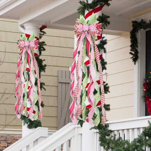 FineCheer Green and Pink Christmas Tree Topper Wreath Bow Large Christmas Bow Pink Tree Topper for Xmas Ornament Family Wedding Thanksgiving Indoor Outdoor Decoration 44.9 x 11.8 Inch by FineCheer - Image 7