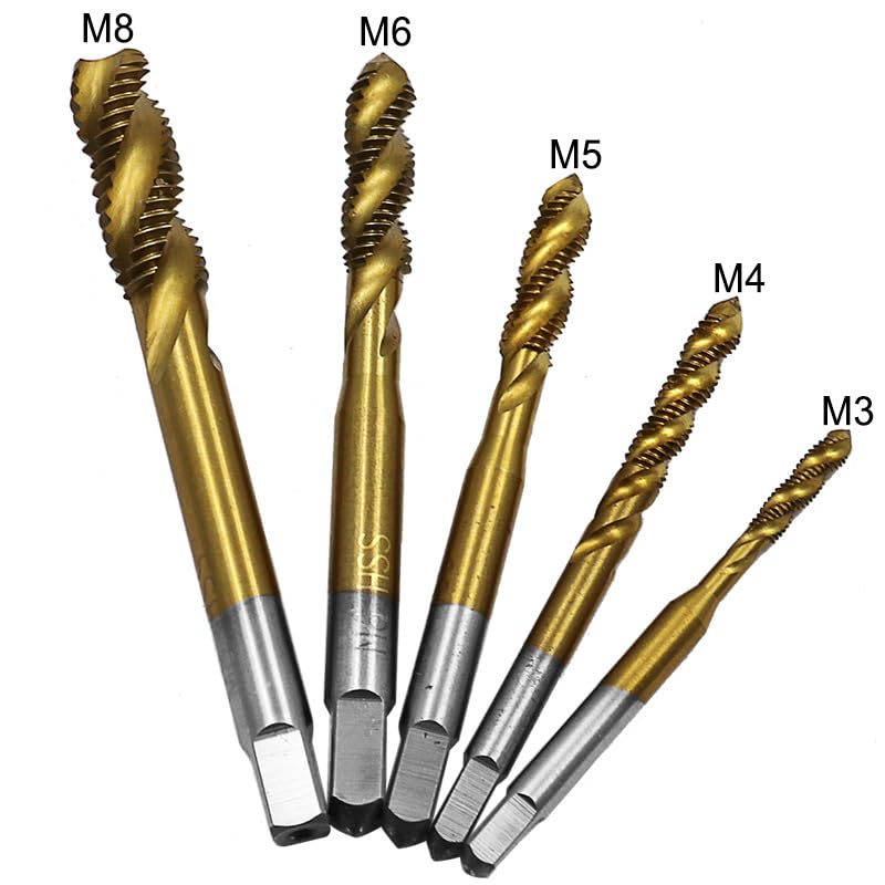 5 pcs Spiral Flute Tap Set, Machine Screw Tap Set M3 M4 M5 M6 M8 High Speed Steel H2 Tolerance Coated with Titanium