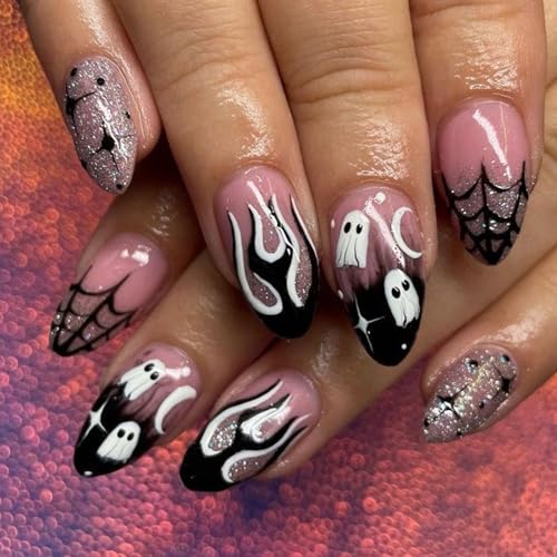 24pcs Halloween French Tip Press on Nails Short- Ghosts Pumpkin False Nails Short Full Cover Almond Nail Tips Long Lasting Stick on Nails for Women Home DIY Manicure- Easy Press-on Application
