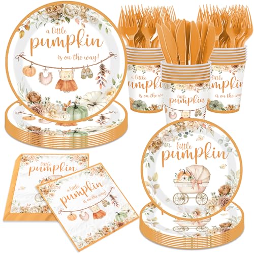 OGMOGKW Little Pumpkin Baby Shower Decorations 150pcs A Little Pumpkin Is On The Way Tableware Set include Pumpkin Plates and Napkins Paper Napkins for Fall Baby Shower Party Supplies