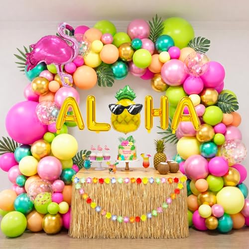 151PCS Hawaiian Luau Balloon Arch Kit Hot Pink Green Orange Tropical Balloons with Flamingo ALOHA Foil Balloons Palm Leaves Decor for Summer Beach Birthday Tropical Theme Decorations