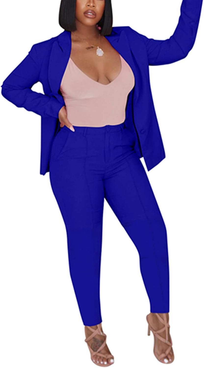 Women's 2 Piece Outfit Deep V Long Sleeve Solid Color Blazer with Pants Elegant Business Suit Sets - Image 2