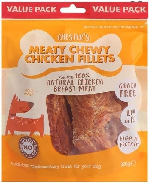 Chester’s Meaty Chewy Natural Dog Treats Variety Pack 320g | Grain Free High Protein Dog Chews | Healthy Training Rewards for Puppies, Small & Large Dogs (Meaty Chewy Chicken Fillets)