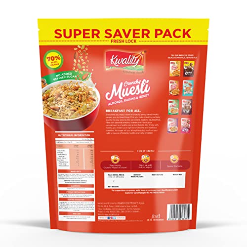 Image of Kwality Crunchy Muesli Almonds, Raisins and Honey - No Added Refined Sugar, No Added Artificial Flavor and Color, Super Saver Pack 700g [Pack of 1]