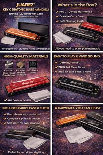 Image of Juarez Key C Diatonic Blues Harmonica 10 Hole 20 Tones with Case & Cleaning Cloth | Phosphor Bronze Reeds, ABS Comb | Mouth Organ for Beginners, Kids, Students & Professionals, Red