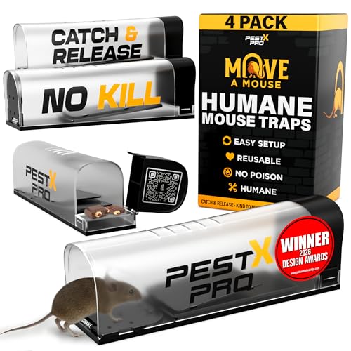 Pest X Pro Move-A-Mouse Humane Mouse Traps [4 Pack] - Longer No-Kill Mouse Trap with Safe Upward Door - Easy Setup Reusable Indoor & Outdoor Humane Mouse Traps for Mice