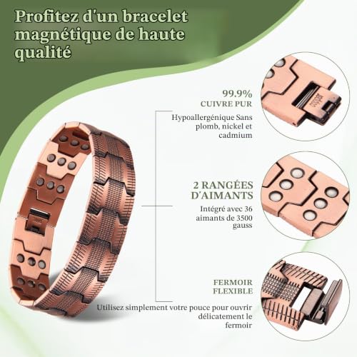 MagEnergy Bracelet Magnétique Cuivre 99,9% Homme, 3 Aimants Puissants, Ajustable avec Outil & Coffret Cadeau (Cuivre 031) – vue 2