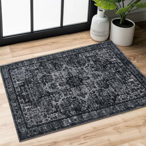 SIILOOM 2x3 Washable Rug for Entryway, Black White Soft Traditional Printed Area Rug, Non-Slip Kitchen Rugs, Low-Pile Medallion Indoor Door Mat, Small Farmhouse Carpet for Entrance Foyer Bedside