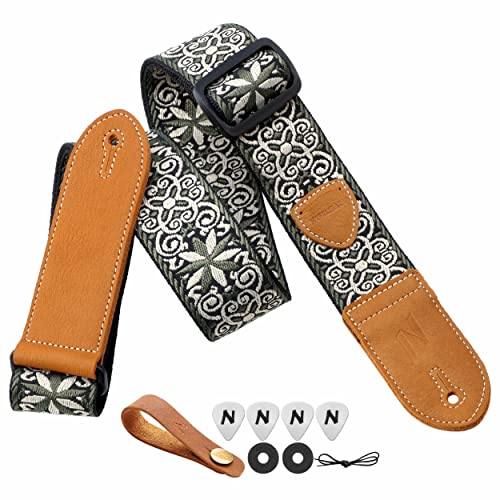 Nefelibata Guitar Strap,Double leather ends,Vintage Woven W/FREE BONUS-4 Picks+Strap Locks+Strap Button,Best Gift For Bass,Electric&Acoustic Guitars for Guitar(Vintage white green embroidery)