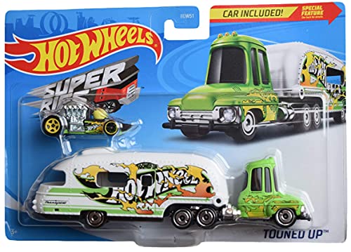 Hot Wheels Super Rigs Tooned Up con coche verde/blanco miniatura 1