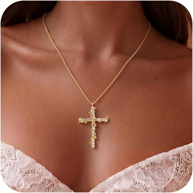 Robaice Gold Cross Necklace for Women, Dainty 14K Gold Plated CZ Pearl Turquoise Cross Double Pendant Necklace Trendy Non Tarnish Small Faith Jewelry for Women Easter Christian Baptism Religious Gifts