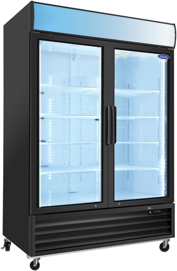 Glass Door Merchandiser Freezer, 44.7 Cu.ft Swing Door Commercial Reach-In Display Refrigerator with LED Top Panel Upright Freeze Storage, Double Cabinet