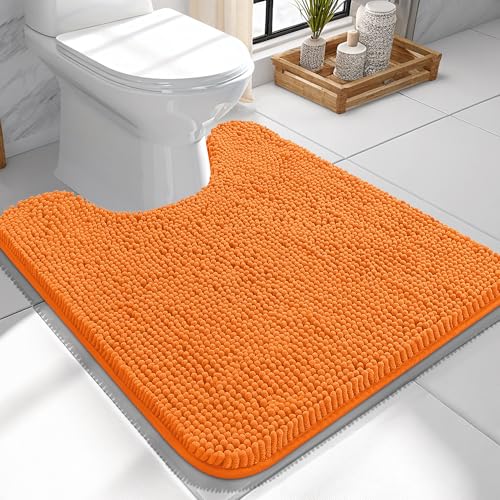 Image of OLANLY Toilet Rugs U-Shaped 24x24, Extra Soft Absorbent Chenille Contour Bathroom Rugs for Toilet, Dry Quickly, Machine Washable, Non-Slip Bath Mat, Orange