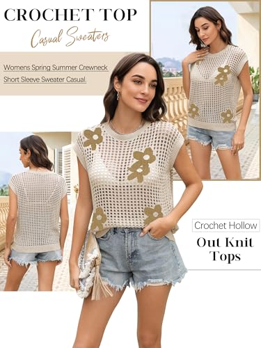 Image of Womens Summer Crochet Tops Hollow Out Cap Sleeve Cover Up Tank Top Pullover Sweater Vest Beach Vacation Clothes