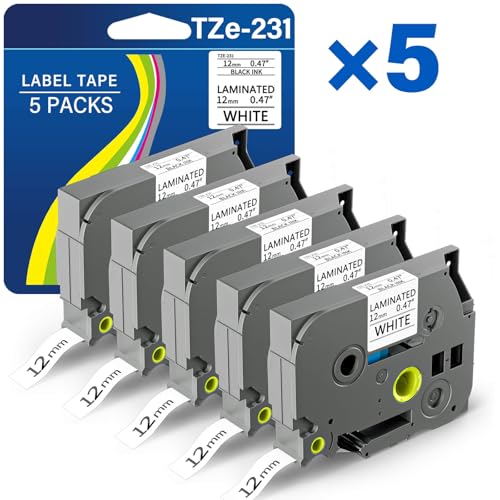 TZE-231 Label Maker Tape 12mm 0.47 Laminated Black on White 1/2 x 8m Replacement for Ptouch TZ TZE TZE231 Label Tape Cassette for PT-D220 PTD220 D220 PT-D210 PTD210 PT-H110 PT-D200 PT-D410 (5 Packs)