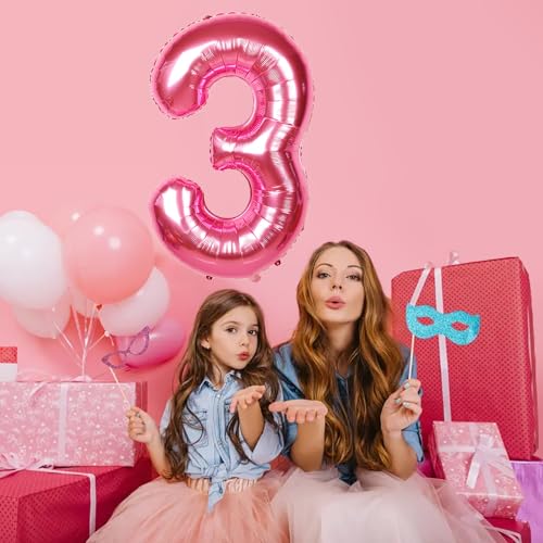 Image of 40 Inch Giant Hot Pink Number Balloon, Mylar Foil Helium Hot Pink Balloons for Birthday Party, Number 3 Balloon for Birthday Decorations, Hot Pink 3 Birthday Balloon