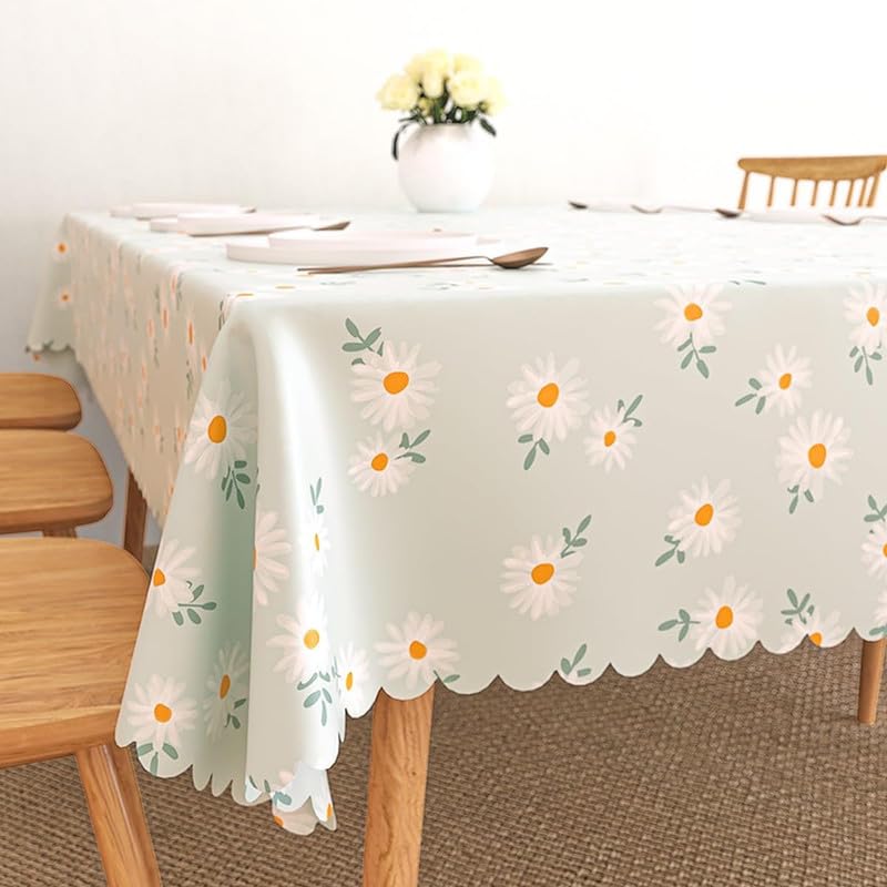 PVC Dining Rectangular 4 Seater Center Table Cloth Daisy Flower Print Oil Proof Waterproof Cloth (Green)