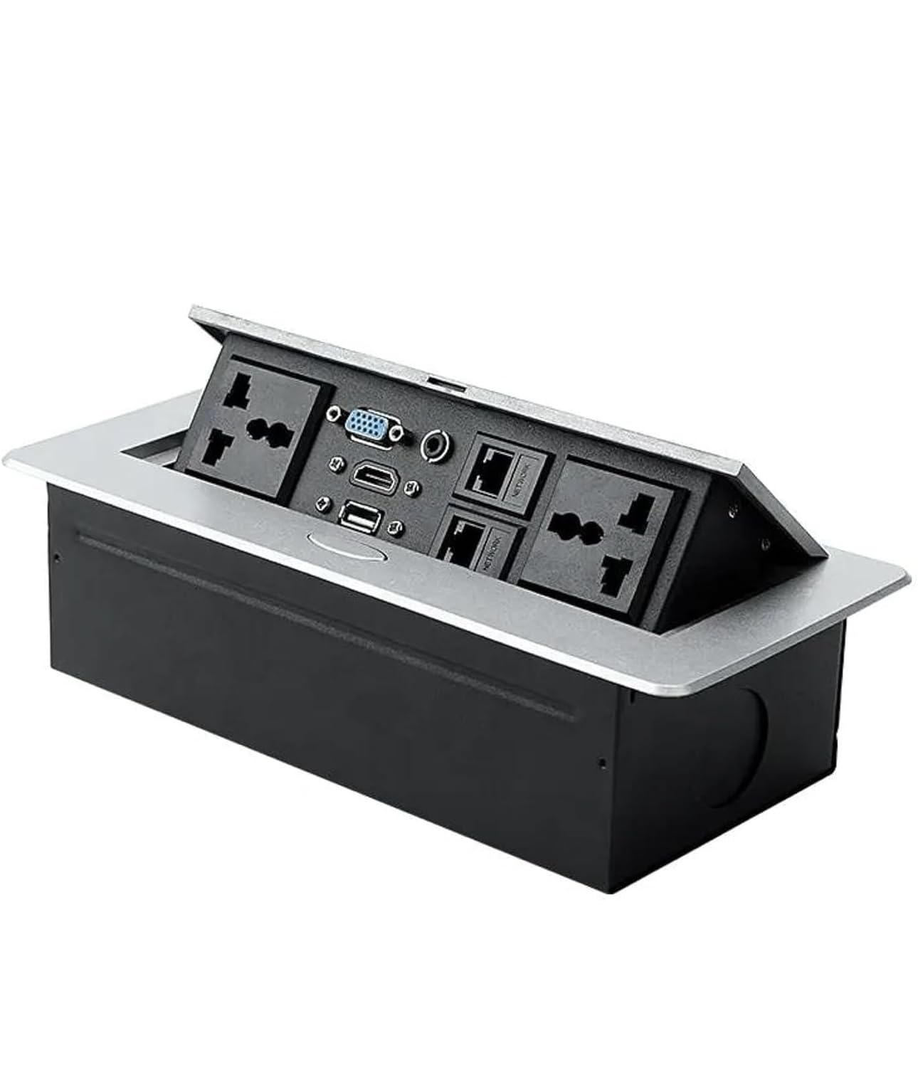 Jaguar Conference Table Connectivity Box, 10 Module Pop Up Cable Cubby, HDMI/VGA/Audio/LAN/Power Ports, Silver-image-37